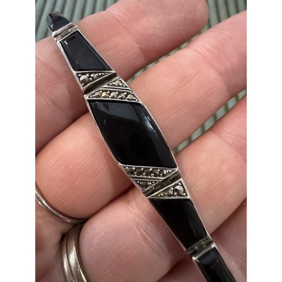 Vintage 935 Art Deco Sterling Silver Black Onyx Marcasite Bracelet - Picture 14 of 14